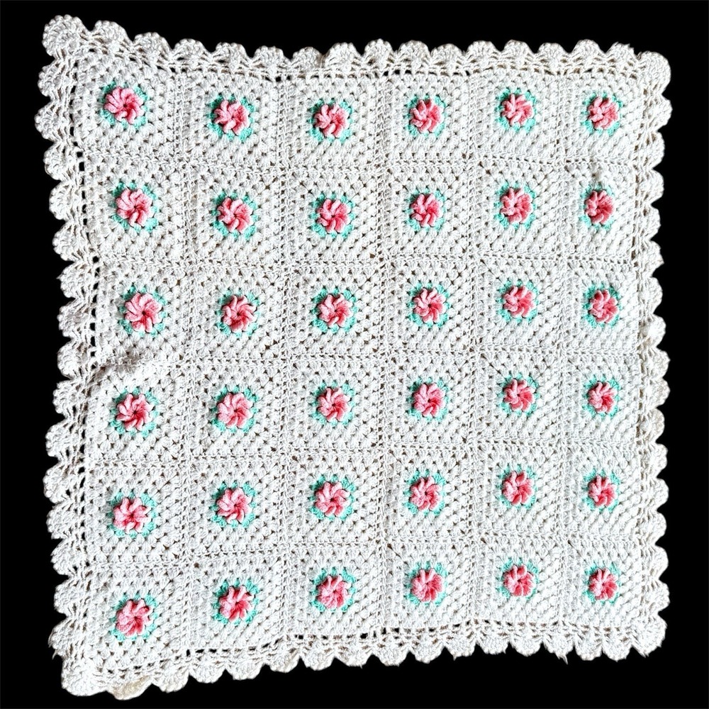 Vintage Crochet Granny Square Blanket Throw 35"x35" Pink Floral Scalloped Edge